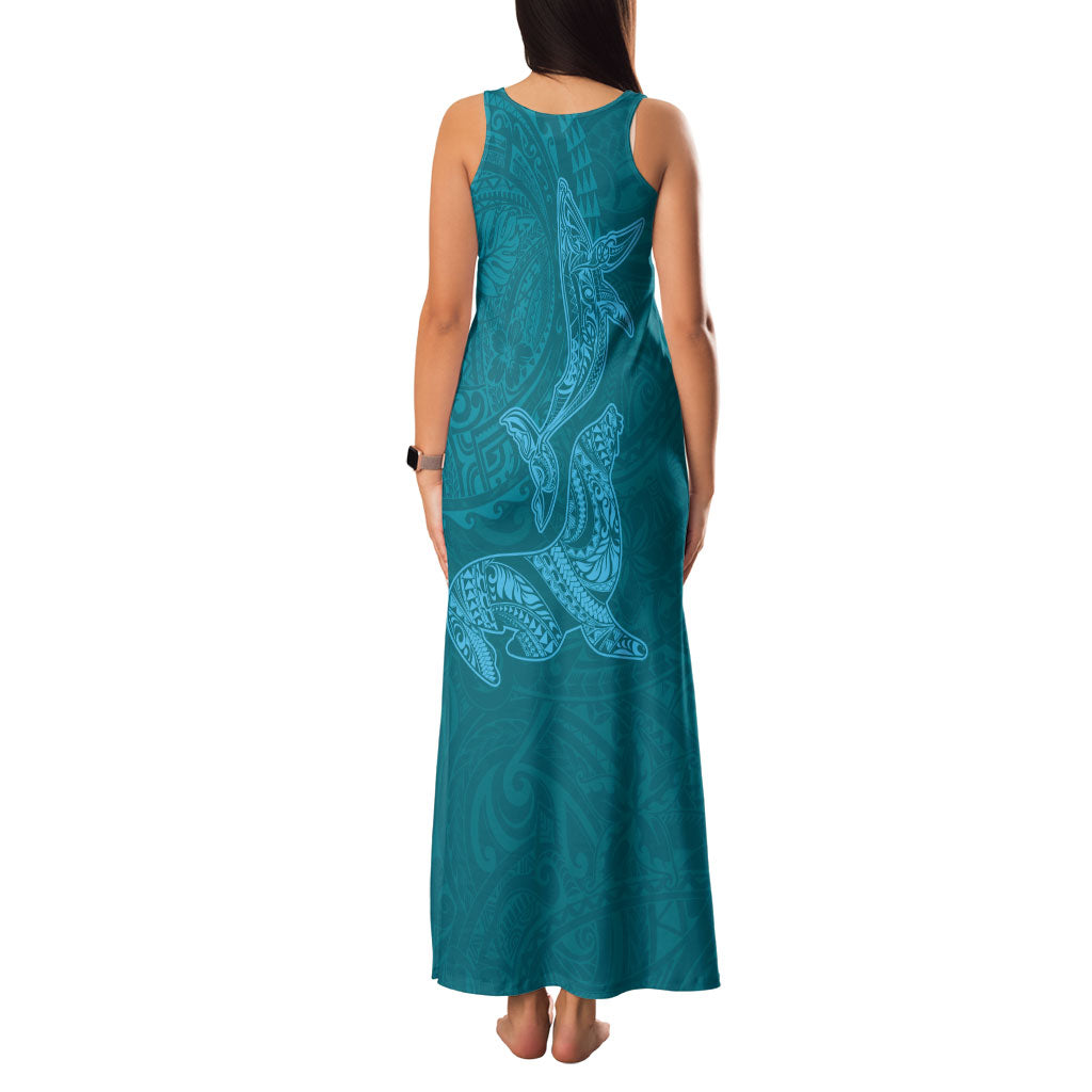Hawaiian Monk Seal and Whale Family Matching Tank Maxi Dress and Hawaiian Shirt Kakau Tribal Pattern Teal Color LT03 - Polynesian Pride