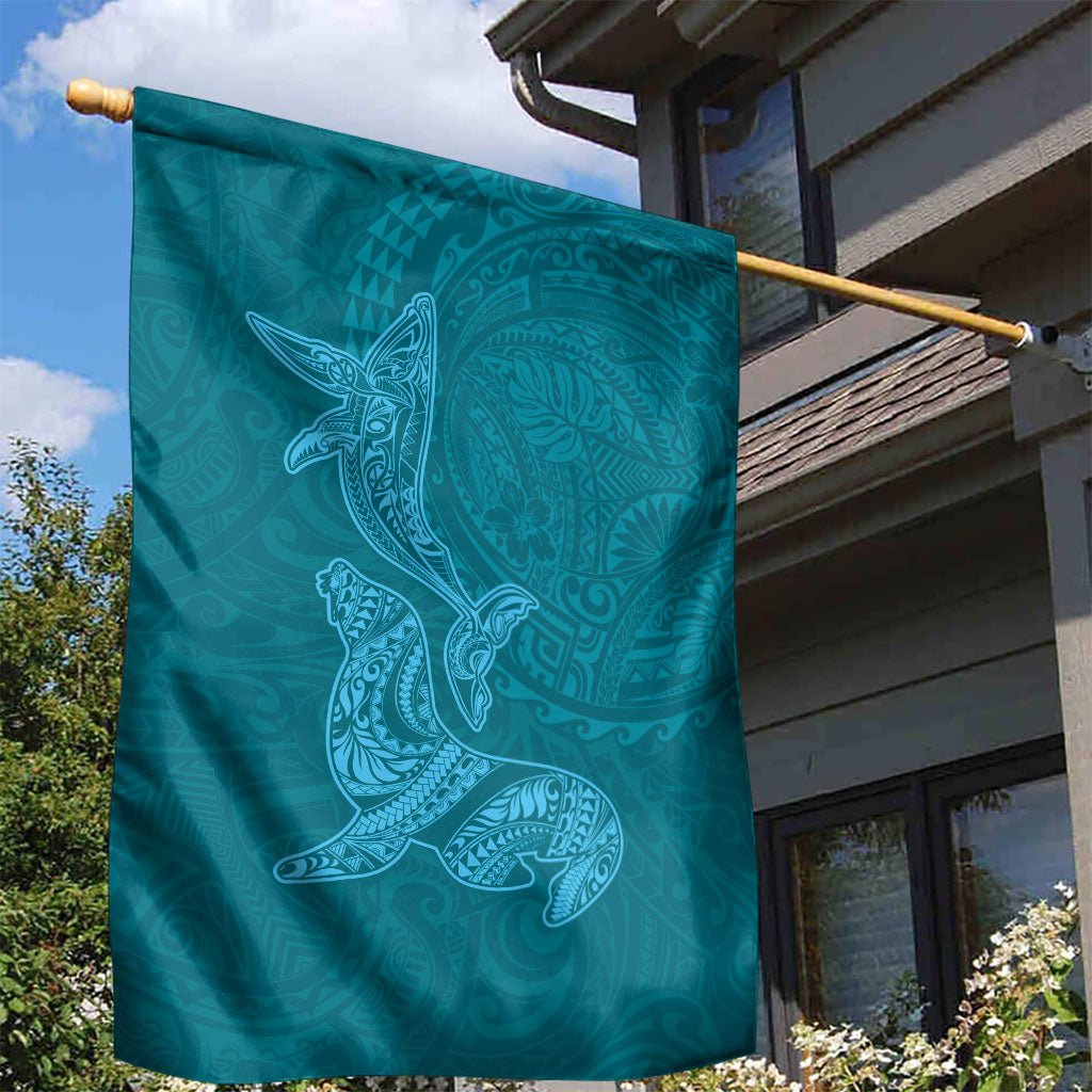 Hawaiian Monk Seal and Whale Garden Flag Kakau Tribal Pattern Teal Color