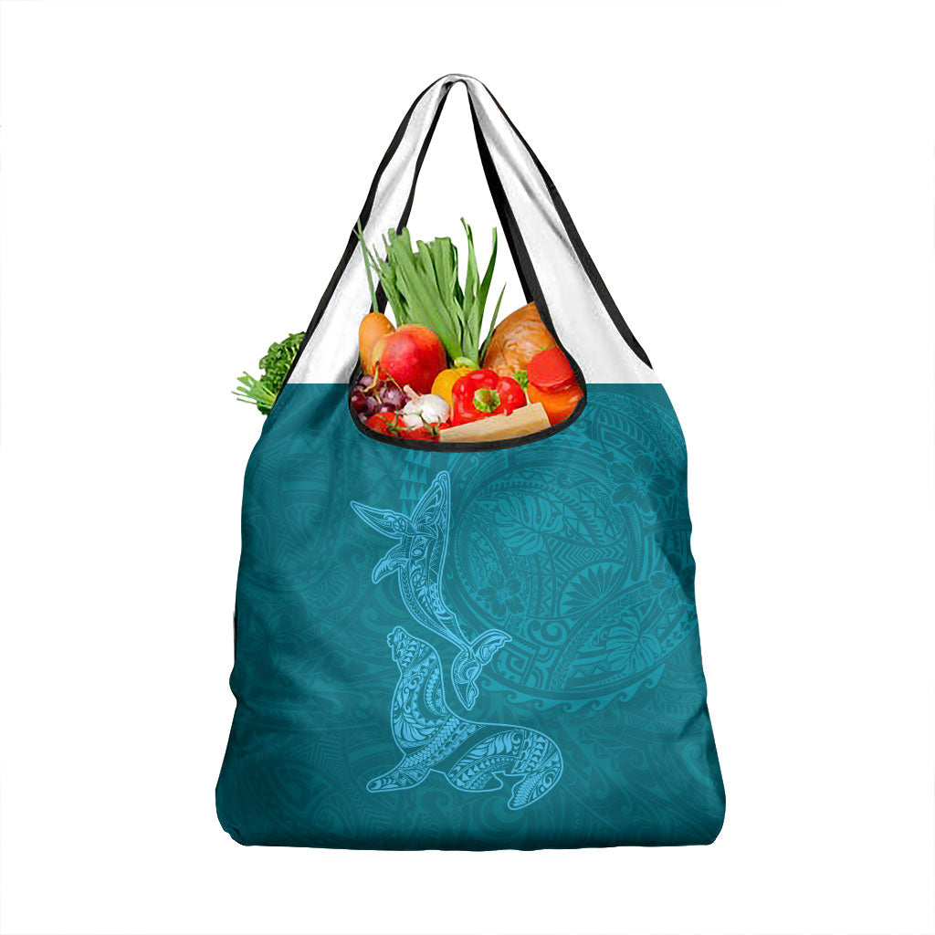 Hawaiian Monk Seal and Whale Grocery Bag Kakau Tribal Pattern Teal Color