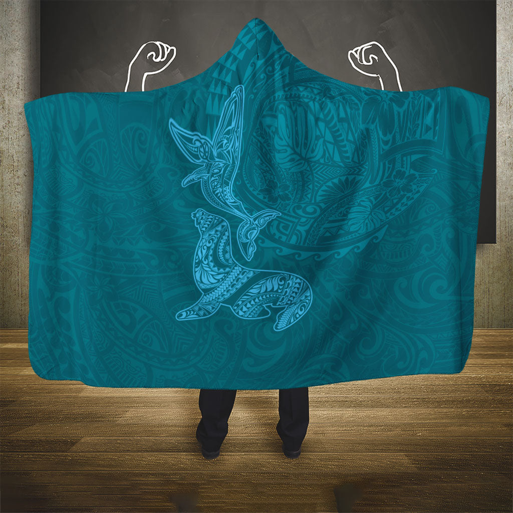 Hawaiian Monk Seal and Whale Hooded Blanket Kakau Tribal Pattern Teal Color