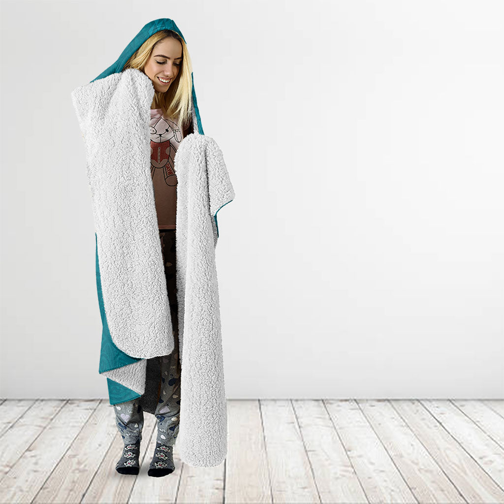 Hawaiian Monk Seal and Whale Hooded Blanket Kakau Tribal Pattern Teal Color
