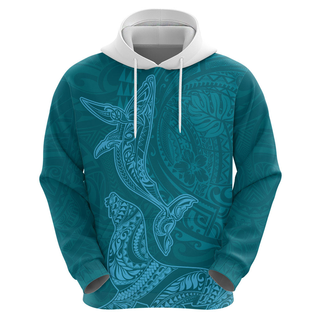 Hawaiian Monk Seal and Whale Hoodie Kakau Tribal Pattern Teal Color