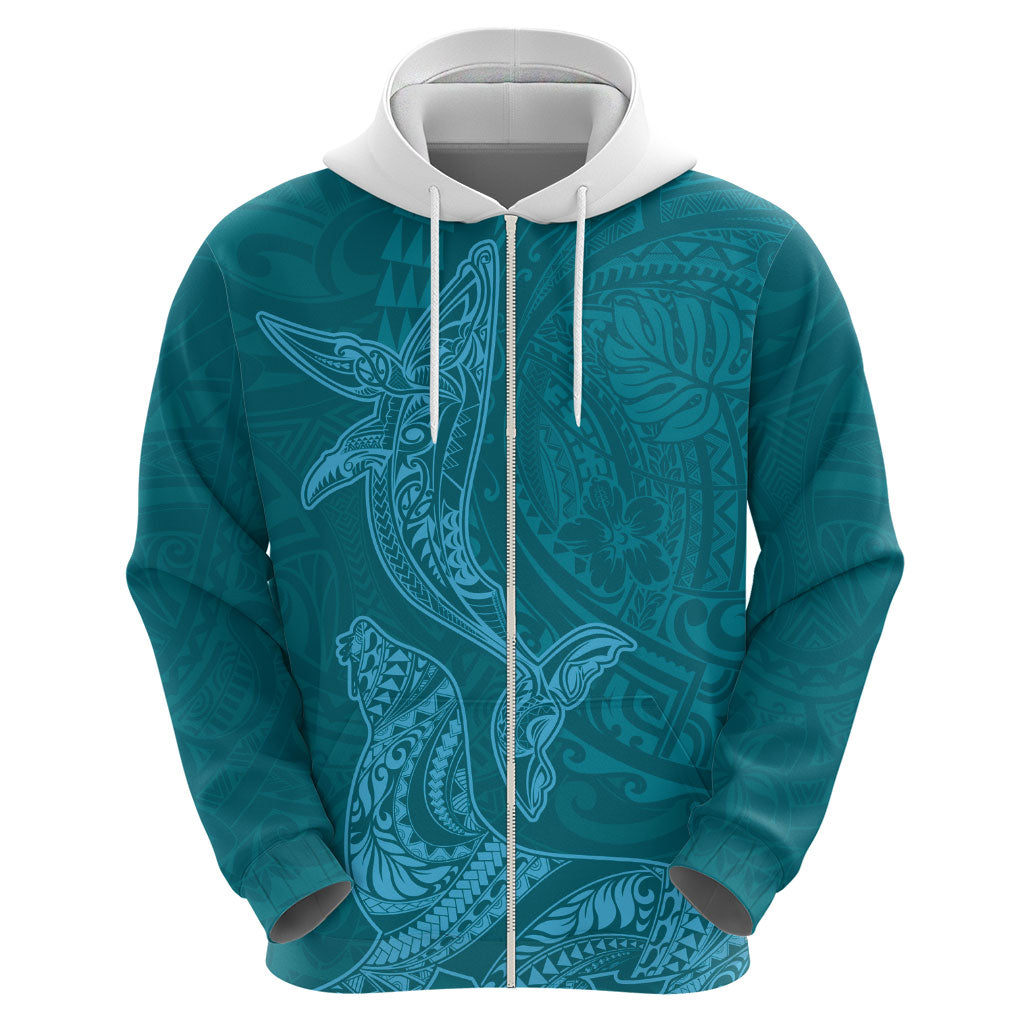 Hawaiian Monk Seal and Whale Hoodie Kakau Tribal Pattern Teal Color