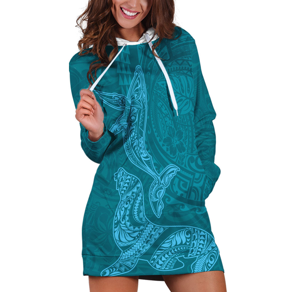 Hawaiian Monk Seal and Whale Hoodie Dress Kakau Tribal Pattern Teal Color