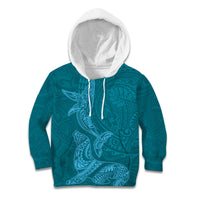 Hawaiian Monk Seal and Whale Kid Hoodie Kakau Tribal Pattern Teal Color