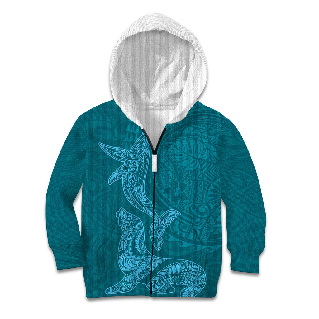 Hawaiian Monk Seal and Whale Kid Hoodie Kakau Tribal Pattern Teal Color