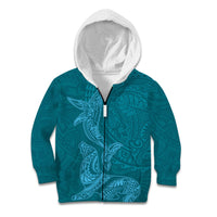 Hawaiian Monk Seal and Whale Kid Hoodie Kakau Tribal Pattern Teal Color