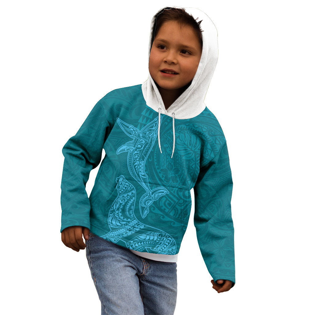 Hawaiian Monk Seal and Whale Kid Hoodie Kakau Tribal Pattern Teal Color