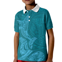 Hawaiian Monk Seal and Whale Kid Polo Shirt Kakau Tribal Pattern Teal Color