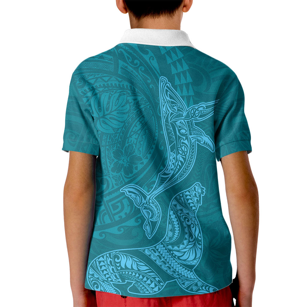 Hawaiian Monk Seal and Whale Kid Polo Shirt Kakau Tribal Pattern Teal Color
