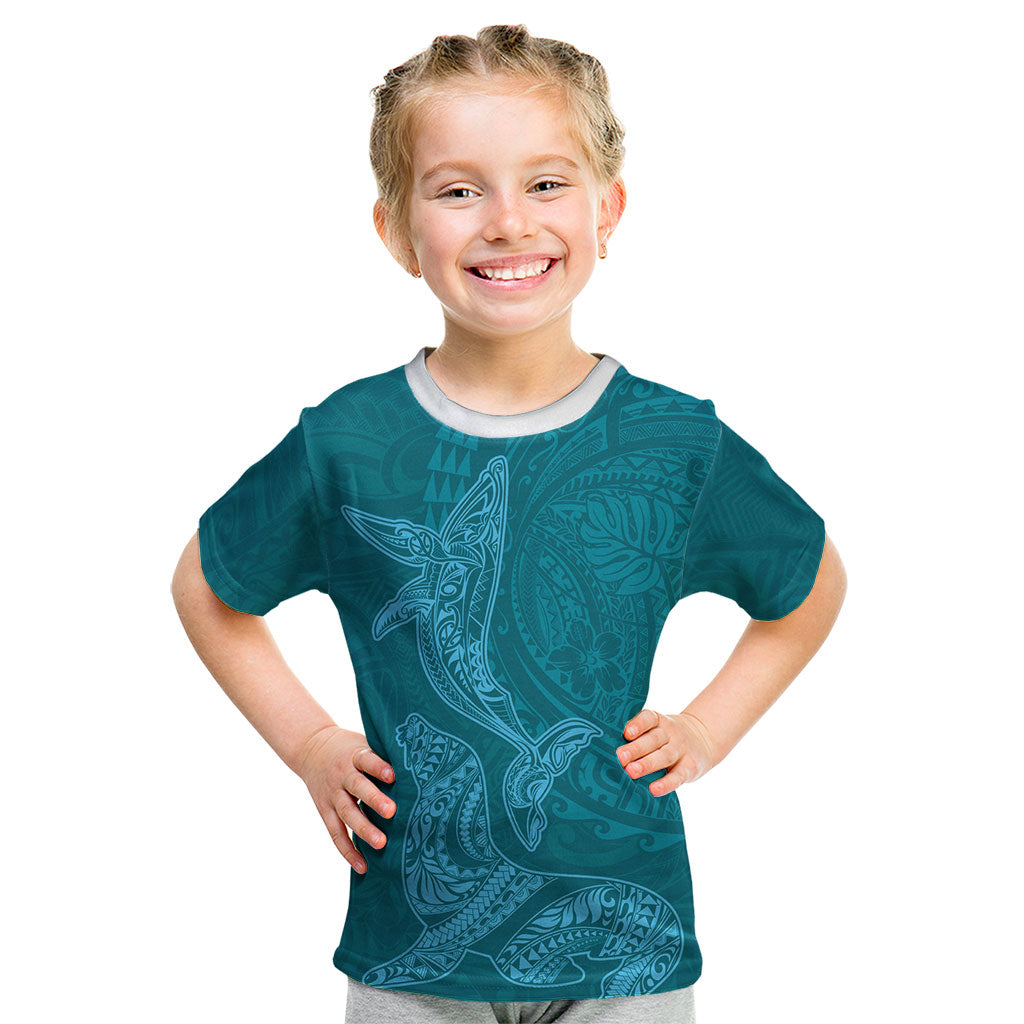 Hawaiian Monk Seal and Whale Kid T Shirt Kakau Tribal Pattern Teal Color