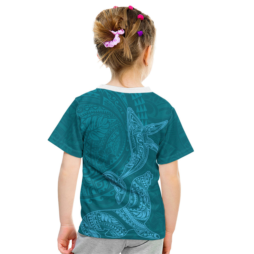 Hawaiian Monk Seal and Whale Kid T Shirt Kakau Tribal Pattern Teal Color