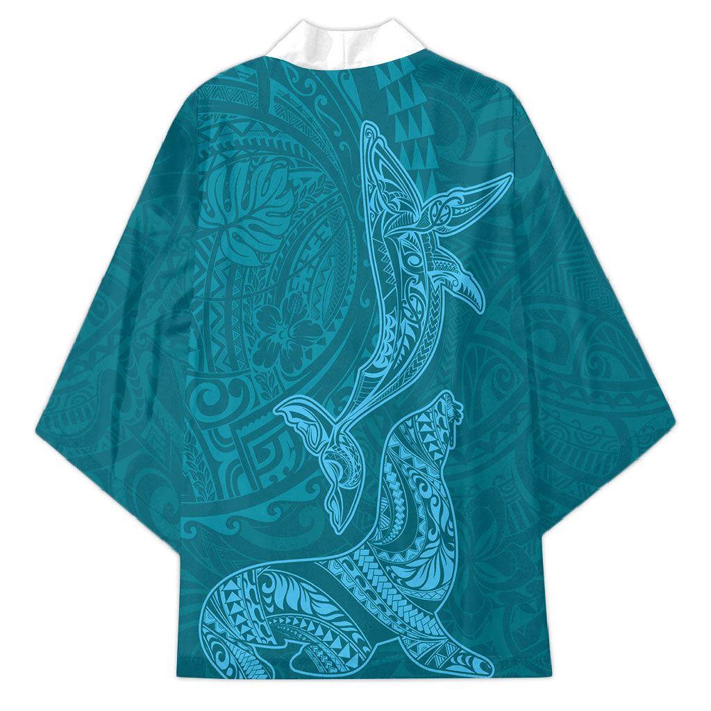 Hawaiian Monk Seal and Whale Kimono Kakau Tribal Pattern Teal Color