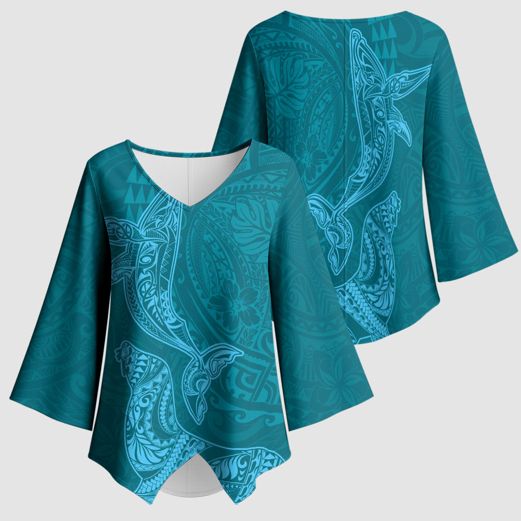 Hawaiian Monk Seal and Whale Kimono Sleeve Blouse Kakau Tribal Pattern Teal Color