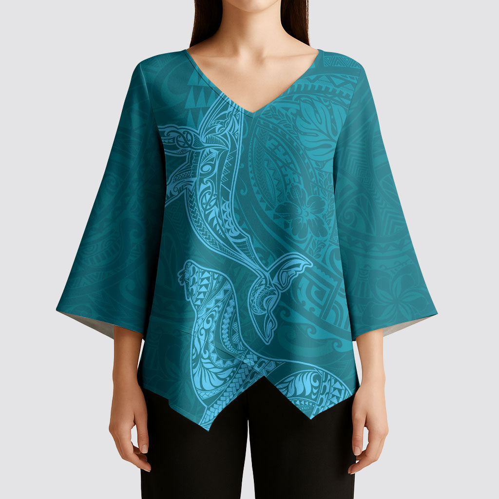 Hawaiian Monk Seal and Whale Kimono Sleeve Blouse Kakau Tribal Pattern Teal Color
