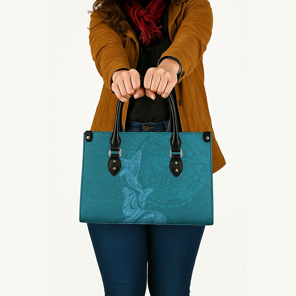 Hawaiian Monk Seal and Whale Leather Bag Kakau Tribal Pattern Teal Color