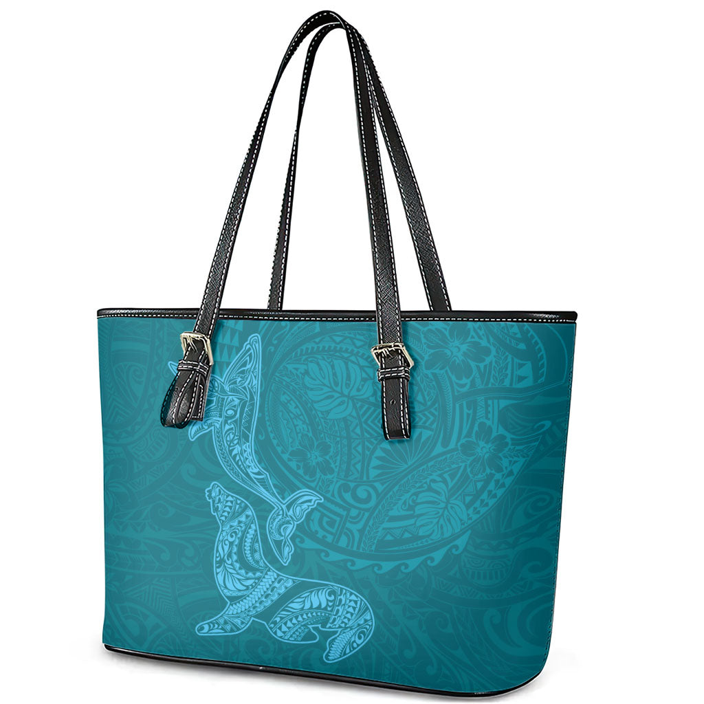 Hawaiian Monk Seal and Whale Leather Tote Bag Kakau Tribal Pattern Teal Color