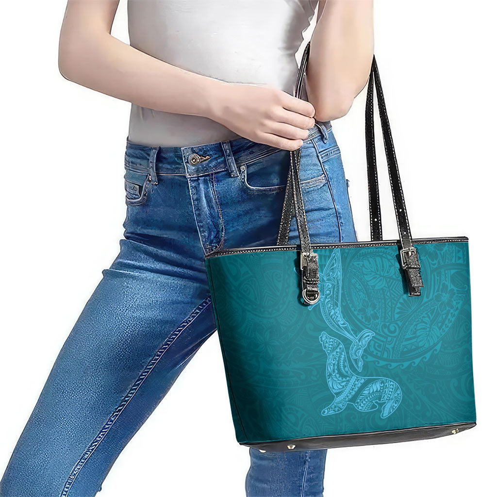 Hawaiian Monk Seal and Whale Leather Tote Bag Kakau Tribal Pattern Teal Color