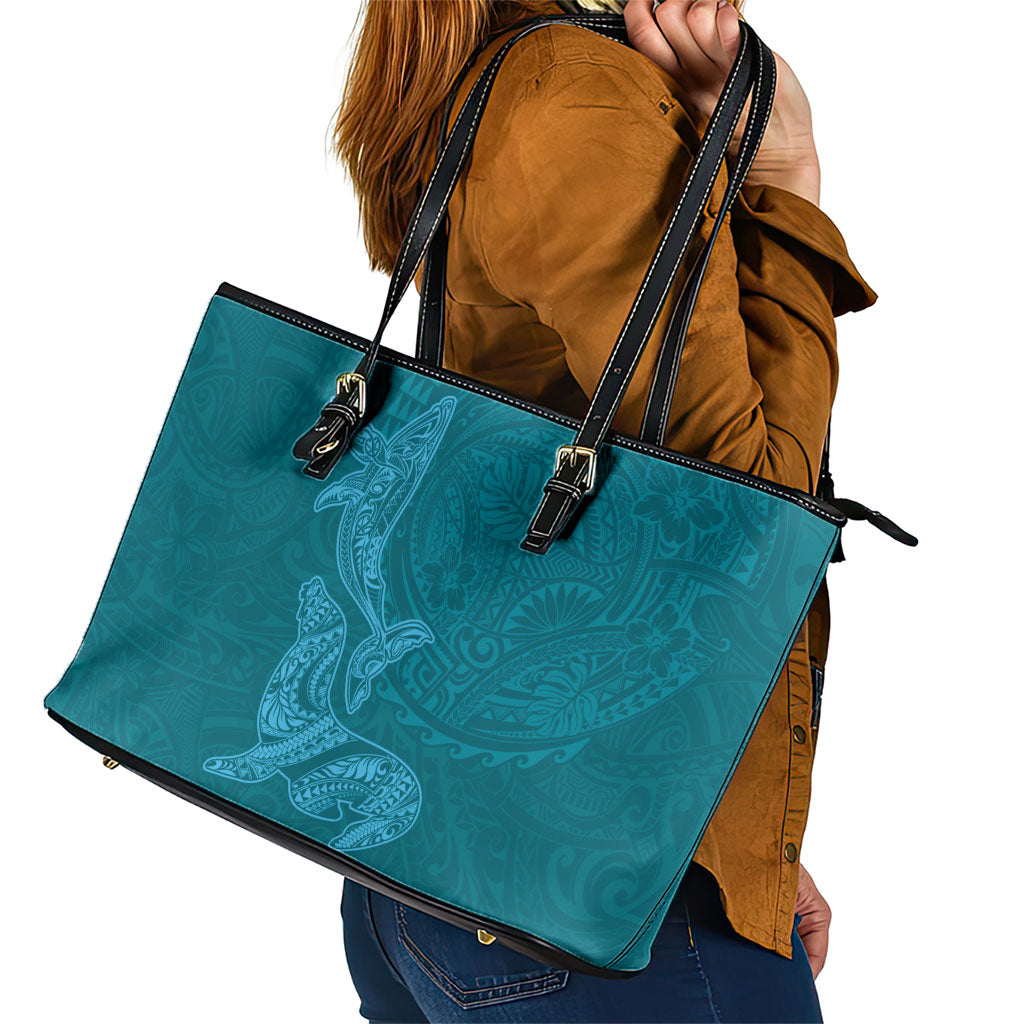 Hawaiian Monk Seal and Whale Leather Tote Bag Kakau Tribal Pattern Teal Color