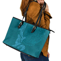 Hawaiian Monk Seal and Whale Leather Tote Bag Kakau Tribal Pattern Teal Color