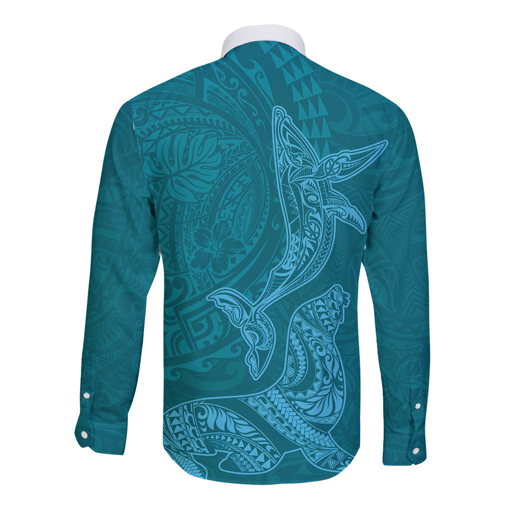 Hawaiian Monk Seal and Whale Long Sleeve Button Shirt Kakau Tribal Pattern Teal Color