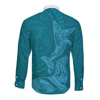Hawaiian Monk Seal and Whale Long Sleeve Button Shirt Kakau Tribal Pattern Teal Color