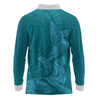 Hawaiian Monk Seal and Whale Long Sleeve Polo Shirt Kakau Tribal Pattern Teal Color