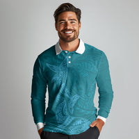 Hawaiian Monk Seal and Whale Long Sleeve Polo Shirt Kakau Tribal Pattern Teal Color