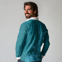 Hawaiian Monk Seal and Whale Long Sleeve Polo Shirt Kakau Tribal Pattern Teal Color