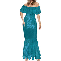 Hawaiian Monk Seal and Whale Mermaid Dress Kakau Tribal Pattern Teal Color