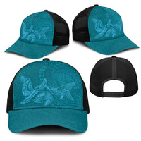 Hawaiian Monk Seal and Whale Mesh Trucker Cap Kakau Tribal Pattern Teal Color