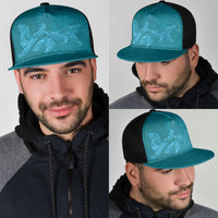 Hawaiian Monk Seal and Whale Mesh Trucker Cap Kakau Tribal Pattern Teal Color