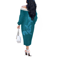 Hawaiian Monk Seal and Whale Off The Shoulder Long Sleeve Dress Kakau Tribal Pattern Teal Color