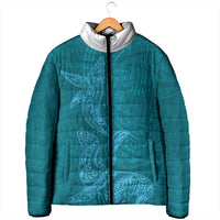 Hawaiian Monk Seal and Whale Padded Jacket Kakau Tribal Pattern Teal Color