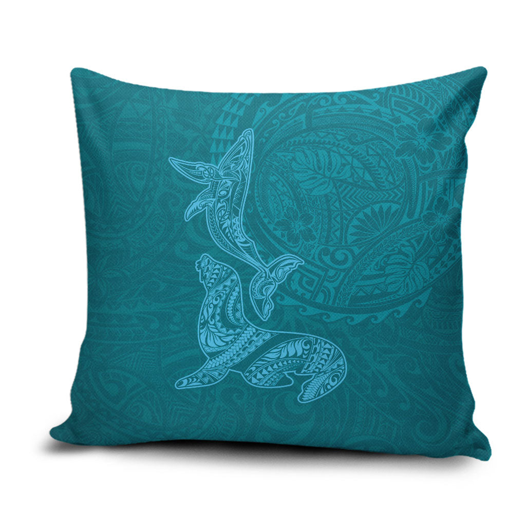 Hawaiian Monk Seal and Whale Pillow Cover Kakau Tribal Pattern Teal Color
