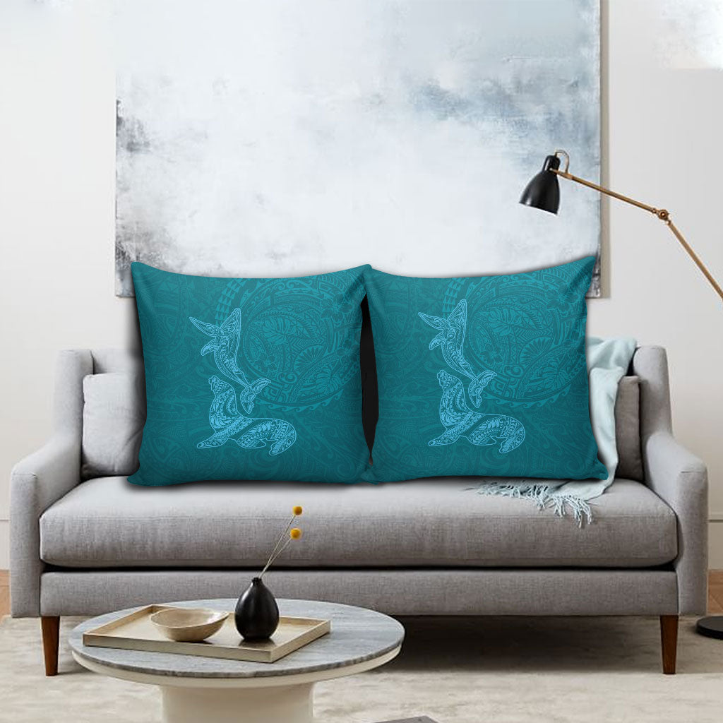 Hawaiian Monk Seal and Whale Pillow Cover Kakau Tribal Pattern Teal Color