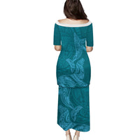 Hawaiian Monk Seal and Whale Puletasi Kakau Tribal Pattern Teal Color