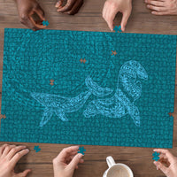 Hawaiian Monk Seal and Whale Puzzle Kakau Tribal Pattern Teal Color