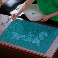 Hawaiian Monk Seal and Whale Puzzle Kakau Tribal Pattern Teal Color