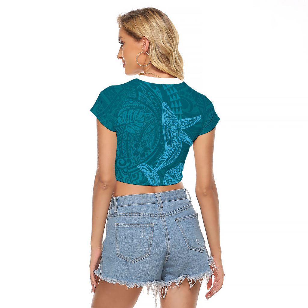 Hawaiian Monk Seal and Whale Raglan Cropped T Shirt Kakau Tribal Pattern Teal Color