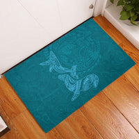 Hawaiian Monk Seal and Whale Rubber Doormat Kakau Tribal Pattern Teal Color
