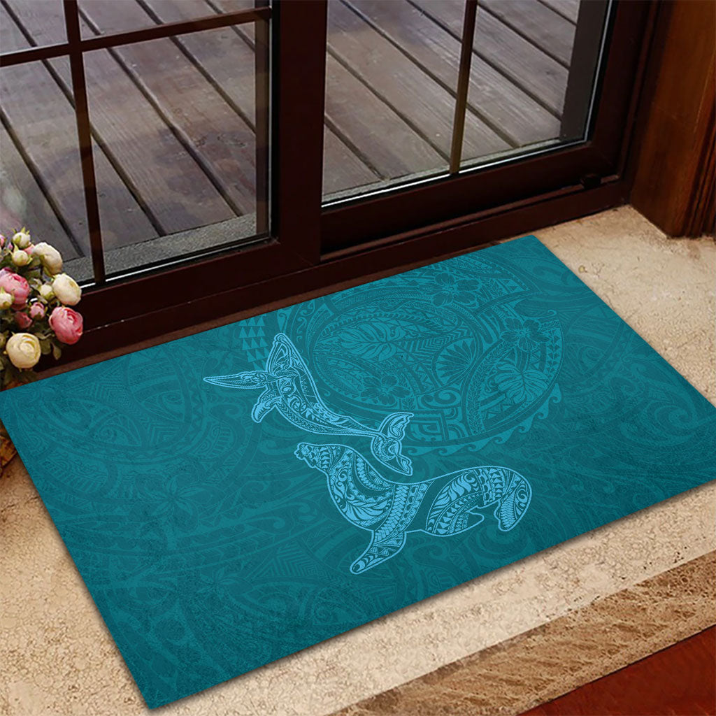 Hawaiian Monk Seal and Whale Rubber Doormat Kakau Tribal Pattern Teal Color