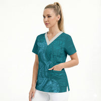 Hawaiian Monk Seal and Whale Scrub Top Kakau Tribal Pattern Teal Color