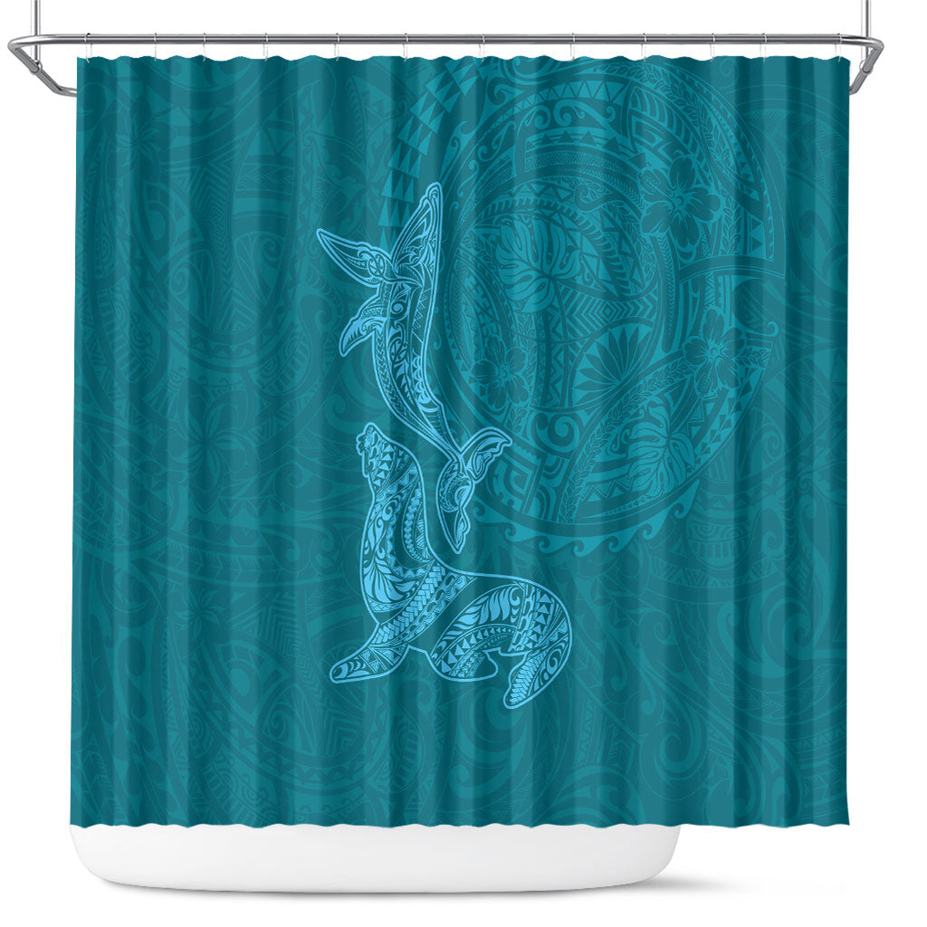 Hawaiian Monk Seal and Whale Shower Curtain Kakau Tribal Pattern Teal Color