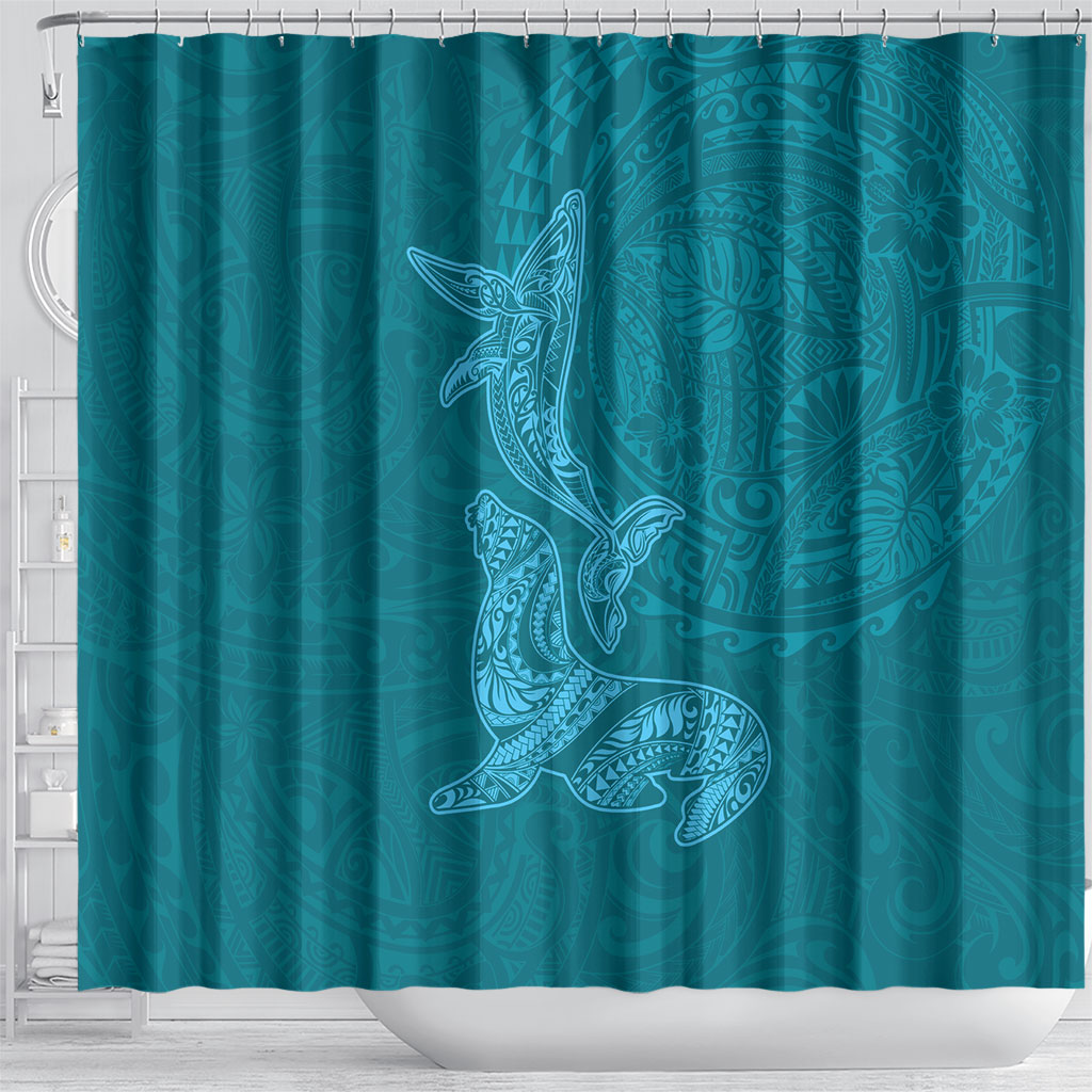 Hawaiian Monk Seal and Whale Shower Curtain Kakau Tribal Pattern Teal Color