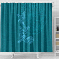Hawaiian Monk Seal and Whale Shower Curtain Kakau Tribal Pattern Teal Color