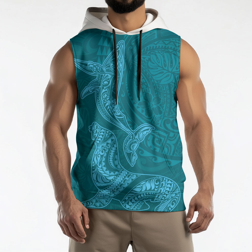 Hawaiian Monk Seal and Whale Sleeveless Hoodie Kakau Tribal Pattern Teal Color