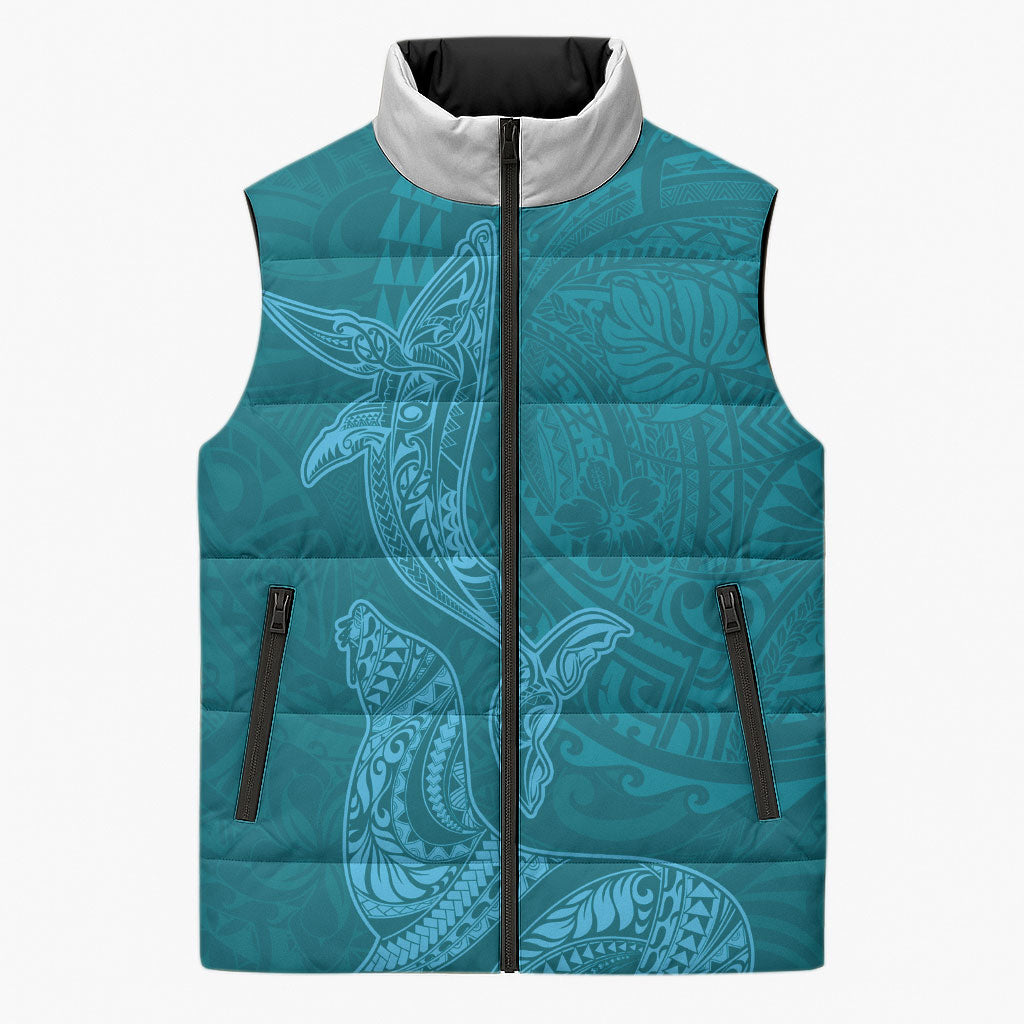 Hawaiian Monk Seal and Whale Sleeveless Puffer Jacket Kakau Tribal Pattern Teal Color