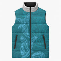 Hawaiian Monk Seal and Whale Sleeveless Puffer Jacket Kakau Tribal Pattern Teal Color