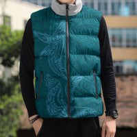 Hawaiian Monk Seal and Whale Sleeveless Puffer Jacket Kakau Tribal Pattern Teal Color